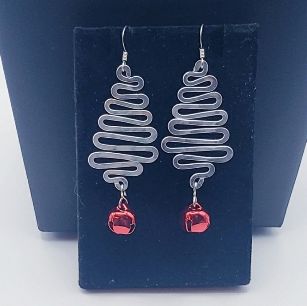 Silver and Red Swiggly Layered Dangly Christmas Tree Earrings 0035